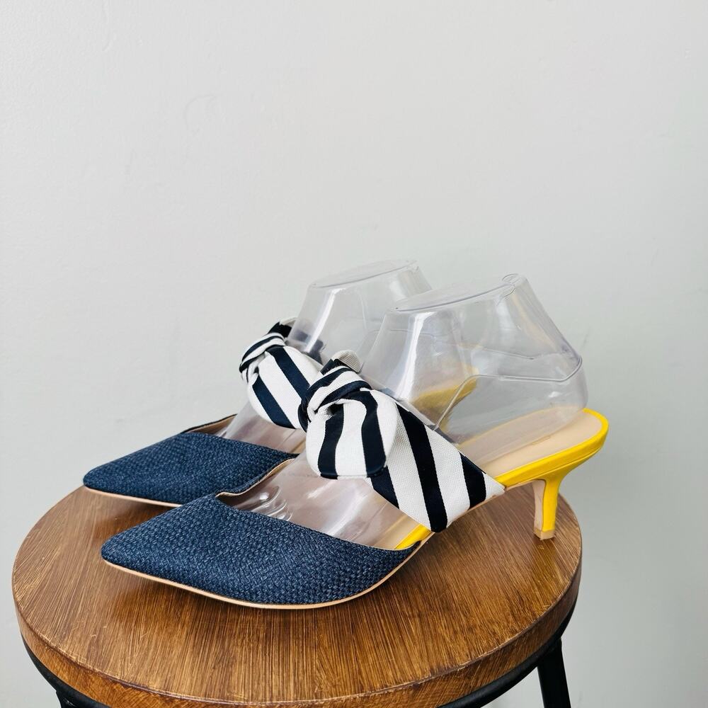 CAbi Navy Blue, Black & White Stripe and Yellow Kitten Heel Mules